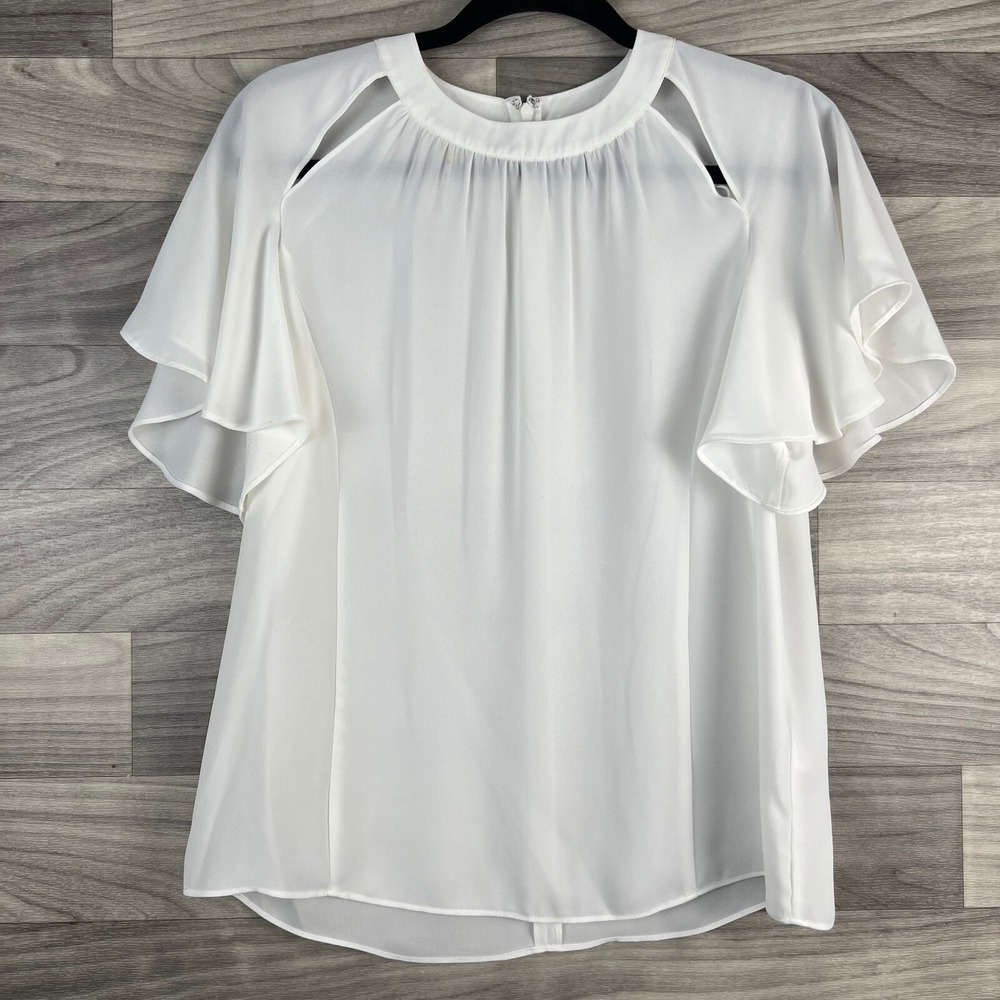 Laundry by Shelli Segal Womens Blouse 4 White Short Flutter Sleeve Sheer Zip